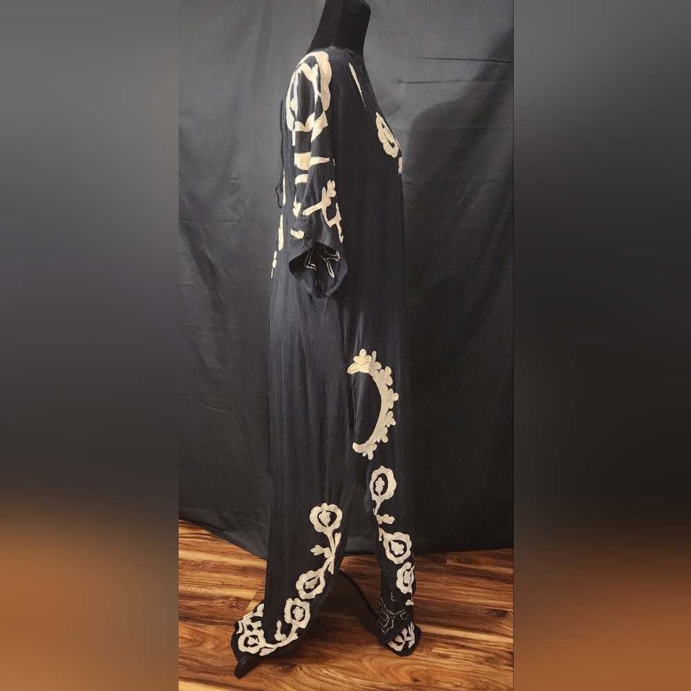 RARE Free People Black Maxi Dress with Cream Floral Embroidery - Picture 6 of 14